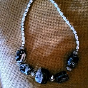 💖Boho black and white silver bead necklace